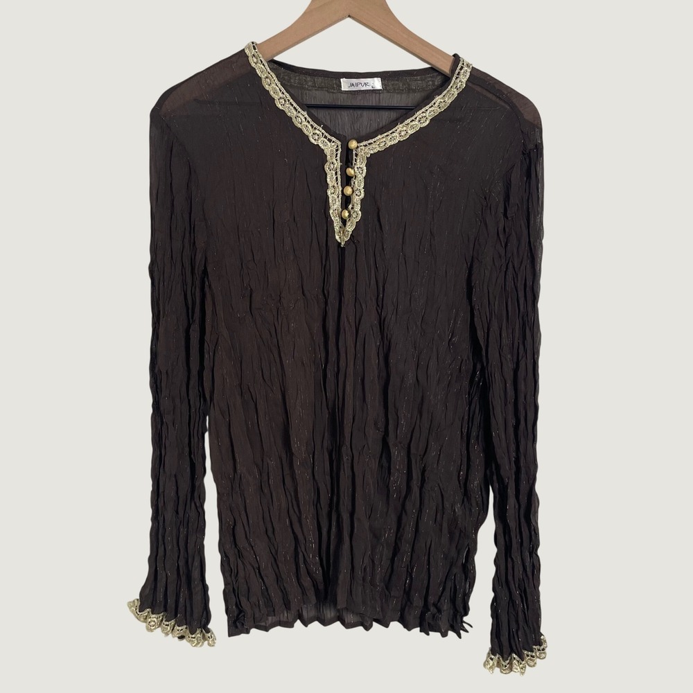 Vintage Top Women L Brown Lace Trim Whimsigoth Fairy Boho Romantic Y2K Blouse